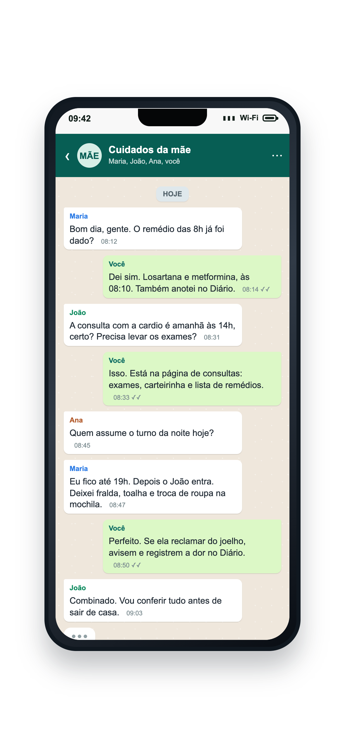 Celular com conversa da família no WhatsApp sobre os cuidados da mãe