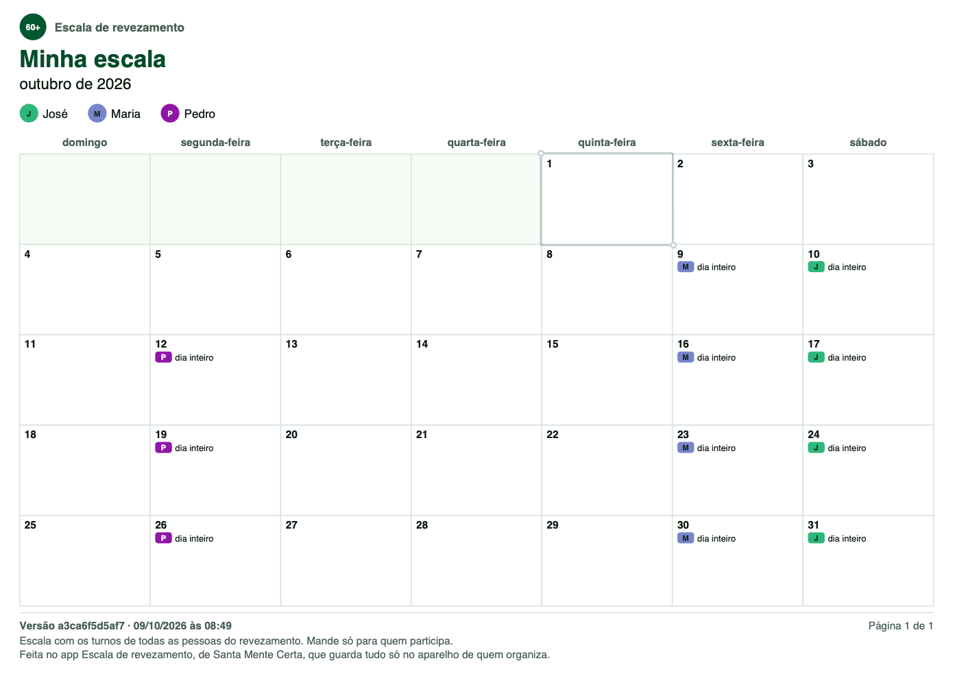 Calendário de escala de revezamento familiar em PDF