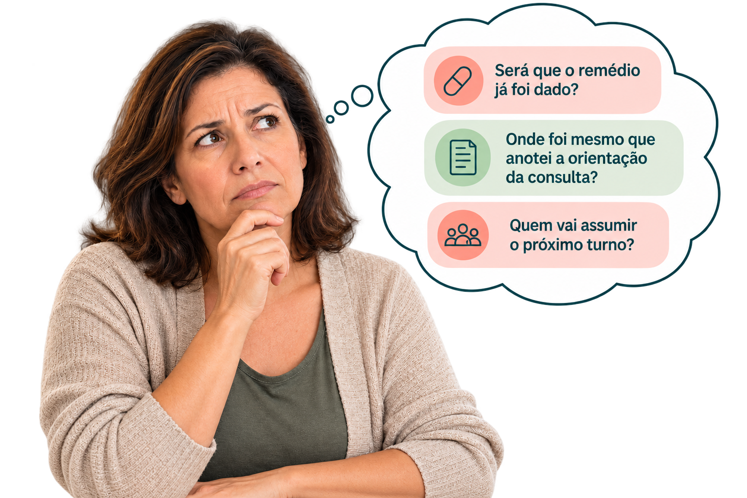 Mulher em dúvida pensando em perguntas sobre remédio, orientação da consulta e próximo turno